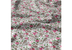 Cotton Fabric Pink Flowers and Foxes on Grey