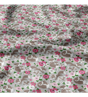 Cotton Fabric Pink Flowers and Foxes on Grey