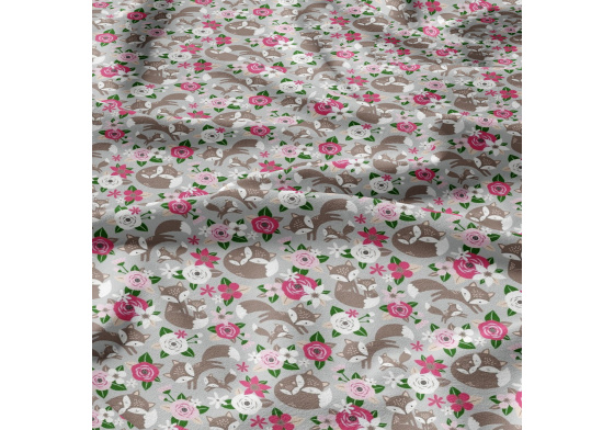 Cotton Fabric Pink Flowers and Foxes on Grey