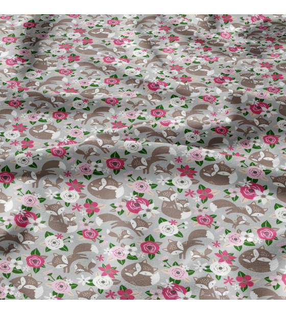 Cotton Fabric Pink Flowers and Foxes on Grey