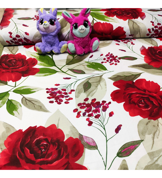 Cotton fabric 100% cotton, 125 g/m², width 160 cm, red flowers on white