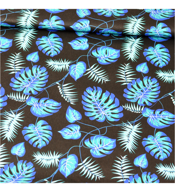 Dekorační dětská bavlněná látka vzor Palma modrá na černém