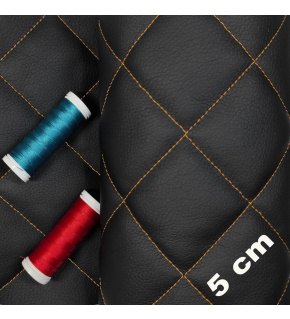 Quilted eco-leather 5×5 cm, black, orange threads, by the meter, width 145 cm