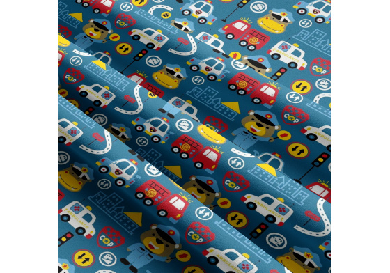Children's cotton fabric by the meter Cars SOS on Blue