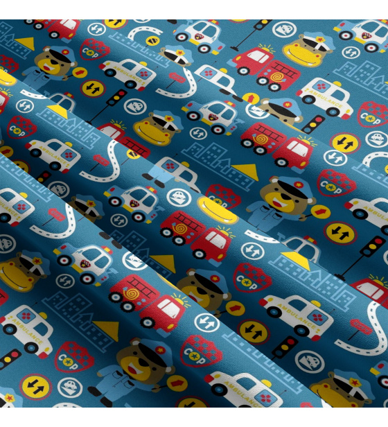Children's cotton fabric by the meter Cars SOS on Blue