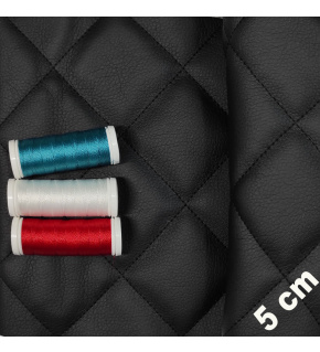 Quilted eco-leather 5×5 cm, black, black threads, by the meter, width 145 cm