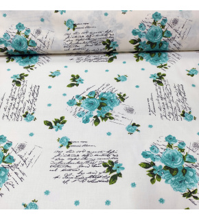 Cotton fabric 100% cotton, 125 g/m², width 160 cm, turquoise flowers on white