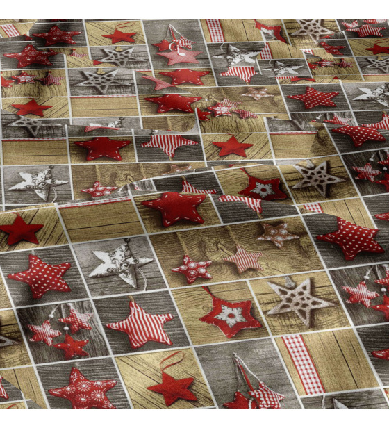 Vánoční bavlněná látka, metráž, šíře 160 cm, Vánoční ozdoby hvězdy Červené na Žlutém