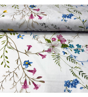 Cotton fabric 100% cotton, 125 g/m², width 160 cm, blue and pink flowers on white
