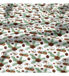 Christmas cotton fabric, by the meter, width 160 cm, Fir Cones on White