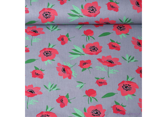 Dekorační dětská bavlněná látka vzor Divoký mák zelená na šedém
