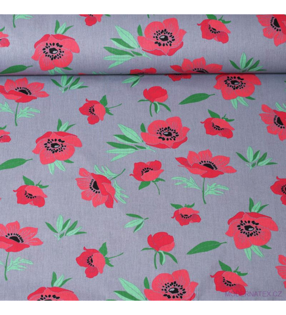 Dekorační dětská bavlněná látka vzor Divoký mák zelená na šedém