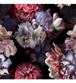 Velvet upholstery fabrics with print. Colorful Flowers on Black