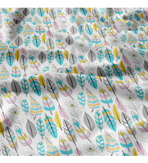 Decorative cotton fabric, by the meter, Mint Feathers on White