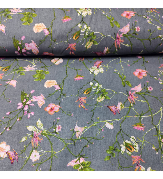 Dekorační dětská bavlněná látka vzor kytičky Pole na tm. Šedém