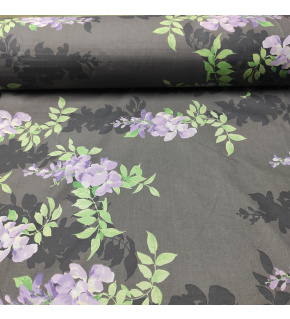Cotton fabric 100% cotton, 125 g/m², width 160 cm, white lilac branches on graphite