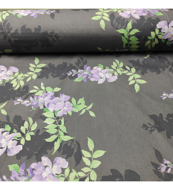 Dekorační dětská bavlněná látka vzor Větve šeříká bílé na grafitovém