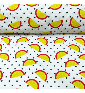 Cotton fabric 100% cotton, 125 g/m², width 160 cm, lemon on polka dots