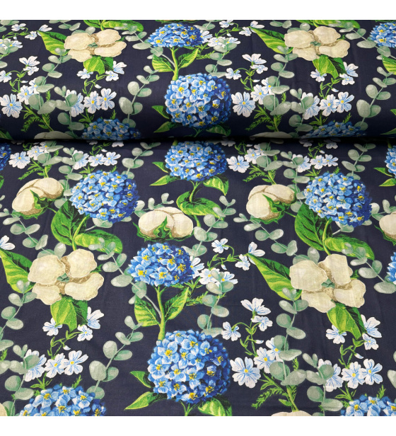 Bavlněná látka Chryzantémy na granátovém