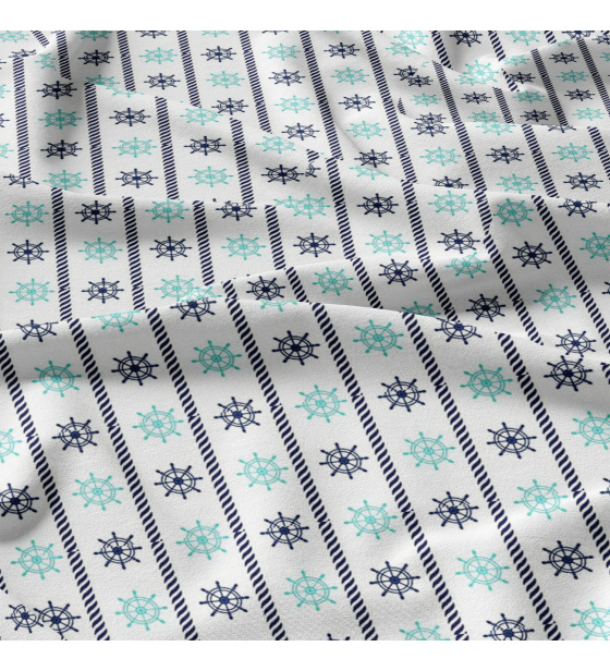Children's cotton fabric by the meter Steering Wheels Blue and Mint on White