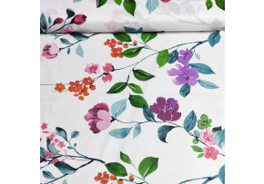 Cotton Fabric Purple Flowers on White