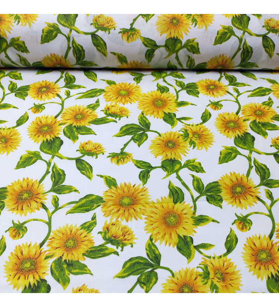 Dekorační dětská bavlněná látka vzor Slunečnice na bílém