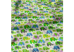 Cotton fabrics, by the meter. Green Elephants on Beige