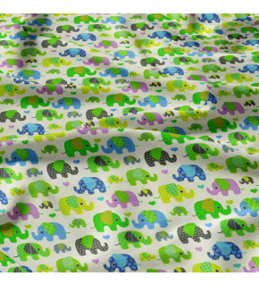 Cotton fabrics, by the meter. Green Elephants on Beige