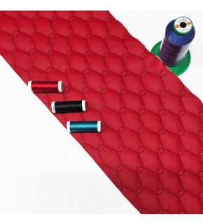 Eco-leather GEO color red quilted with black threads, faux leather by the meter