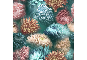Velvet upholstery fabrics with print, Chrysanthemums on Mint