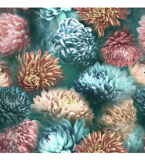 Velvet upholstery fabrics with print, Chrysanthemums on Mint