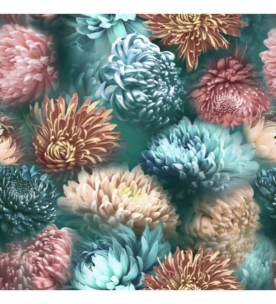 Velvet upholstery fabrics with print, Chrysanthemums on Mint