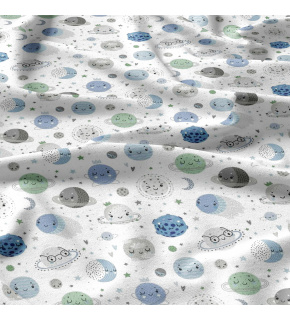 Cotton fabrics, by the meter. World of Planets, Blue on White