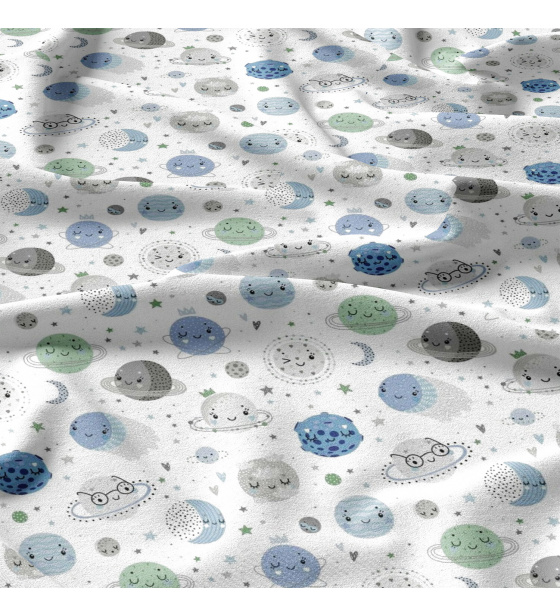 Cotton fabrics, by the meter. World of Planets, Blue on White