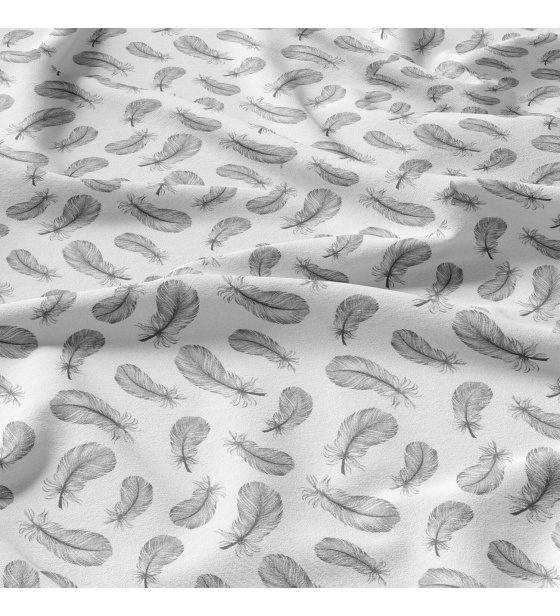 Decorative cotton fabric, by the meter, Grey Feathers on White
