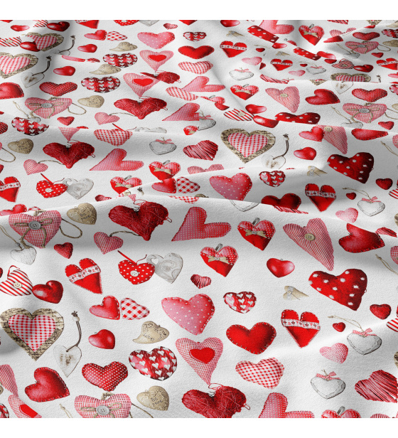 Decorative cotton fabric, by the meter, Red Hearts on White