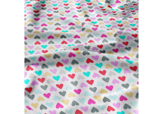 Decorative cotton fabric, by the meter, Multicolored Hearts on White