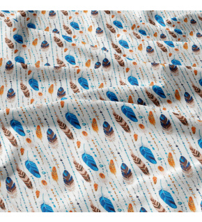 Decorative cotton fabric, by the meter, Feathers Turquoise and Yellow