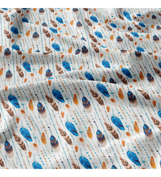 Decorative cotton fabric, by the meter, Feathers Turquoise and Yellow