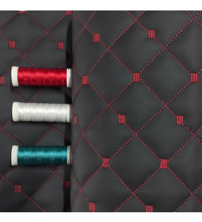 Eco-leather MIX 3x3 cm black color quilted with red threads, by the meter, 145 cm