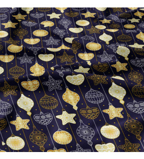 Christmas cotton fabric, by the meter, width 160 cm, Yellow Christmas ornaments on blue