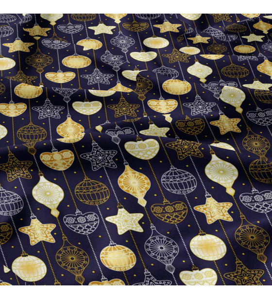 Christmas cotton fabric, by the meter, width 160 cm, Yellow Christmas ornaments on blue
