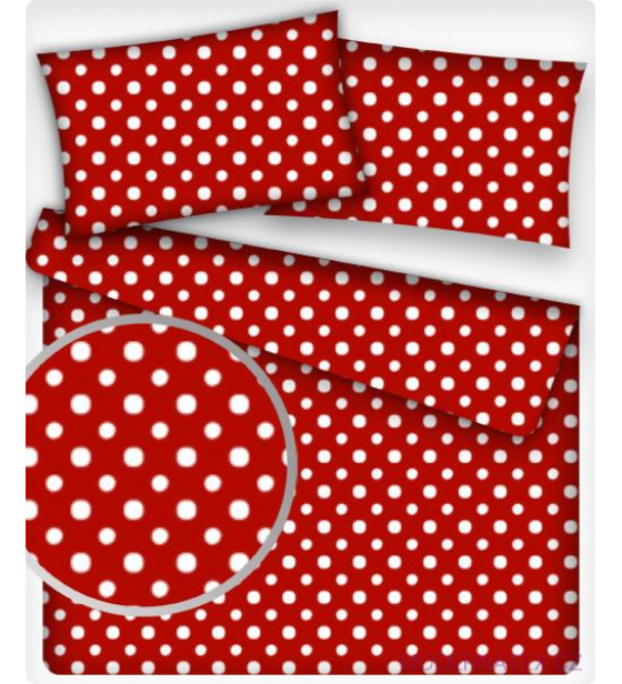 Dětské bavlněné látky vzor Puntík 7 mm bílý červený podklad, metráž
