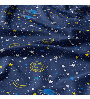 Children's cotton fabric 100% cotton, 125 g/m², width 160 cm, yellow galaxies on blue