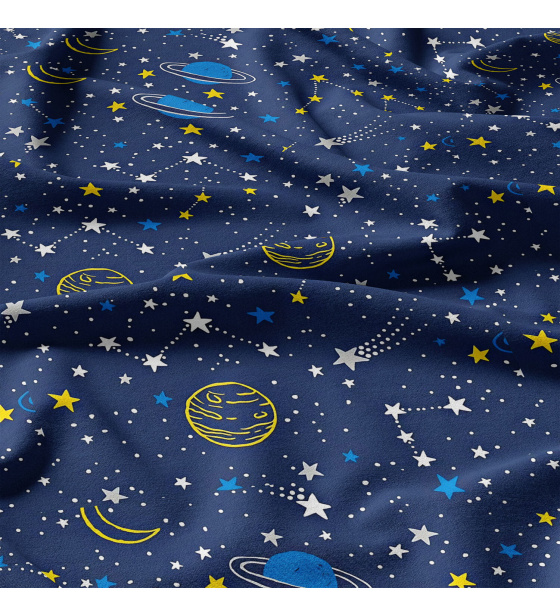 Children's cotton fabric 100% cotton, 125 g/m², width 160 cm, yellow galaxies on blue
