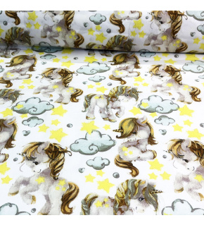Cotton fabric, by the meter. Unicorn Gray on White
