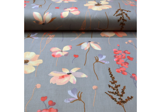 Cotton Fabric Little Flowers Yellow on Grey