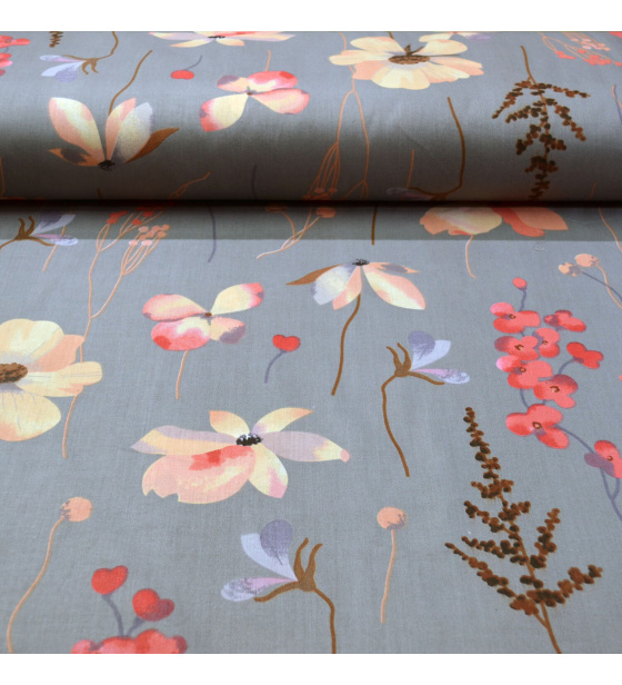 Cotton fabric 100% cotton, 125 g/m², width 160 cm, yellow flowers on grey