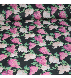 Cotton fabric 100% cotton, 125 g/m², width 160 cm, pink lilac branches on black