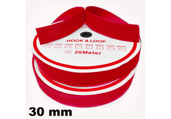Hook and Loop Velcro Tape Set, Color Red 30 mm, Package 25 m
